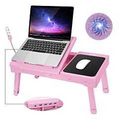 Foldable Laptop Table Bed Notebook Desk With Cooling Fan Mouse Board Led Light 4 Xusb Ports Breakfast Snacking Tray - Purple