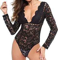 Women Deep V Neck Lace Long Sleeve,women's Sexy Cutout Bodysuit Lingerie Perspective Backless Jumpsuits For Cocktails Nightclubs Nightlife - Black Xxx Large