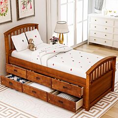 Twin Size Platform Storage Bed Solid Wood Bed With 6 Drawers - Oak