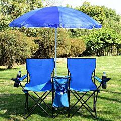 Portable Folding Picnic Double Chair With Umbrella - Blue