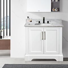 Only Ltl Single Solid Wood Bathroom Vanity Set, With Drawers, Carrara White Marble Top, 3 Faucet Hole - 36 Inch White