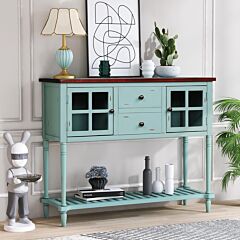 Sideboard Console Table With Bottom Shelf, Farmhouse Wood/glass Buffet Storage Cabinet Living Room (retro Blue) - Antique Gray