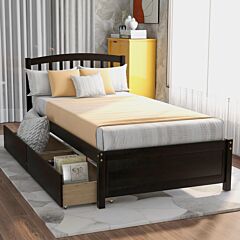 Twin Platform Storage Bed Wood Bed Frame With Two Drawers And Headboard - Walnut