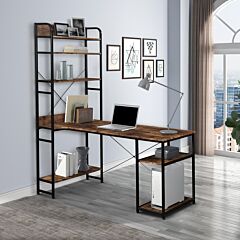 Free Shipping Home Office Computer Desk,metal Frame And Mdf Board/5 Tier Open Bookshelf/plenty Storage Space - Black