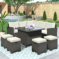 Patio Furniture Set, 8 Piece Outdoor Conversation Set, Dining Table Chair With Ottoman, Cushions - Beige
