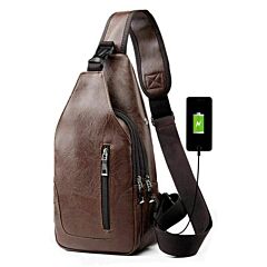 Men Chest Bag Pu Leather Sling Fanny Pack Shoulder Backpack W Usb Charging Port - Dark Brown