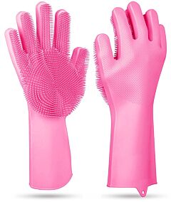 1 Pair Magic Silicone Brush Dishwashing Gloves Cleaning Sponge Pet Scrubber Heat Resistant Wash Gloves - Pink