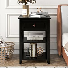 Modern Wooden Nightstand With Storage Drawer And Two-tier Shelves For Living Room/bedroom - Gray