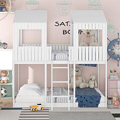 Full Over Full Woodbunk Bed With Roof, Window, Guardrail, Ladder - White