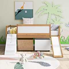 Twin Size Low Loft Bed Wooden Bed With Two Storage Boxes - Natural