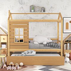 Twin Size House Bed Wood Bed With Twin Size Trundle - Gray