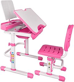Mecor Kids Desk And Chair Set Height Adjustable,children Student Sturdy Table Wood Grain Surface Tabletop With Book Shelf/sliding Drawer Storage (without Lamp) Rt - Pink