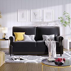 64" Modern Loveseat Sofa Upholstered 2 Seater Sofa Couch With Deep Seat, Velvet Rolled Arm Loveseat With Nailhead Decoration - Black