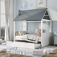 Full Size Wood House Bed With Twin Size Trundle, Wooden Daybed - Gray