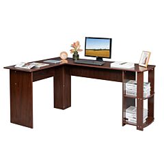 L-shaped Wood Right-angle Computer Desk With Two-layer Bookshelves Rt - Dark Brown