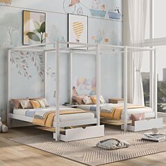 Double Shared Twin Size Canopy Platform Beds With Two Drawers And Built-in Desk - White