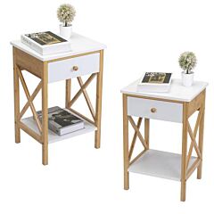 Bamboo Nightstand, Wood End Table With Drawer, Storage Shelf, X-shape Frame, Side Table For Living Rooms, Bedrooms, Offices Xh - Natural
