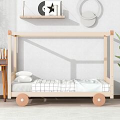 Twin Size Canopy Car-shaped Platform Bed,natural+brown(expected Arrival Time:7.25) - Natural