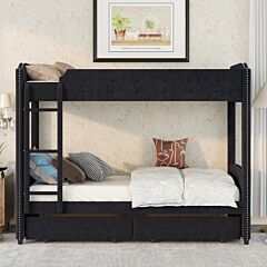 Twin Over Twin Upholstered Bunk Bed With Two Drawers, Button-tufted Headboard And Footboard Design - Blue