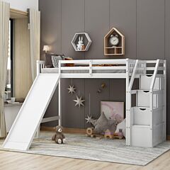 Twin Size Loft Bed With Storage And Slide - White