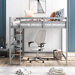 Full Size Loft Bed With Built-in Desk And Shelves - Gray