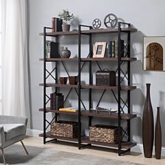 [video] Home Office 5 Tier Bookshelf, X Design Etageres Storage Shelf, Industrial Bookcase For Office With Metal Frame - Espresso