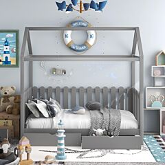 Twin Size House Bed With Drawers, Fence-shaped Guardrail, Gray - White