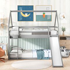 Twin Size Bunk House Bed With Convertible Slide And Ladder - Gray