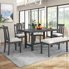 Rustic Farmhouse 6-piece Wooden Rustic Style Dining Set, Including Table, 4 Chairs & Bench - Gray