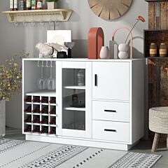Kitchen Functional Sideboard With Glass Sliding Door And Integrated 16 Bar Wine Compartment, Wineglass Holders - White