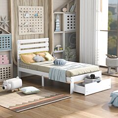 Twin Size Platform Bed With Drawer, Gray - White