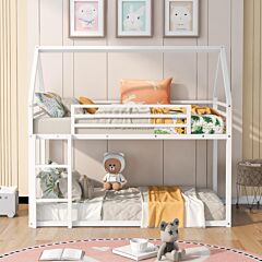 Twin Over Twin House Bunk Bed With Built-in Ladder,white - White
