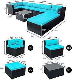9-piece Outdoor Patio Pe Wicker Rattan Conversation Sectional Sofa Sets With 3 Sofa, 3 Corner Sofa, 2 Ottomans, And 1 Glass Coffee Table, Removable Soft Cushions - Blue