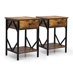 Set Of 2 Nightstand Industrial End Table With Drawer;  Storage Shelf And Metal Frame For Living Room;  Bedroom;  Xh - Gray