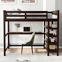 Full Size Loft Bed With Storage Shelves And Under-bed Desk - Espresso