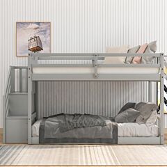 Twin Over Twin Floor Bunk Bed, Ladder With Storage - White