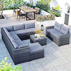 9-piece Outdoor Patio Large Wicker Sofa Set, Rattan Sofa Set For Garden, Backyard,porch And Poolside, Gray Wicker - Beige