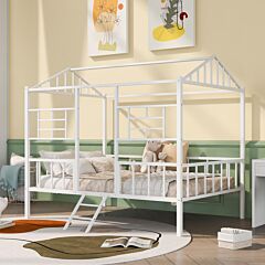 Metal House Bed Frame Full Size With Slatted Support No Box Spring Needed - White