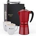 Espresso Maker 6 Cup Moka Pot, Steam Italian Stovetop Coffee Makers Percolator, Aluminum Ripple Ring Design, Easy To Use & Clean, 2 8oz Ceramics Cup 1 Stainless Spoon | Placemat Black Amazon Banned - Red 6 Cup