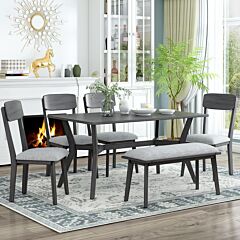 Mid-century Style 6-piece Dining Table Set Wooden Dining Table And Fabric Chairs With Bench - Antique Yellow+gray