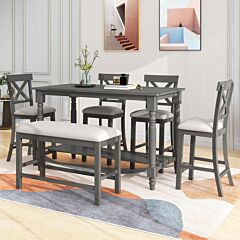 6-piece Counter Height Dining Table Set Table With Shelf 4 Chairs And Bench For Dining Room - Gray