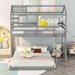 Twin Over Full House Bunk Bed With Ladder And Window,full-length Guardrail - Gray