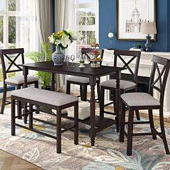 6-pieces Counter Height Dining Table Set Table With Shelf 4 Chairs And Bench For Dining Room - Espresso
