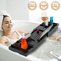 Bathtub Caddy Tray Crafted Bamboo Bath Tray Table Extendable Reading Rack Tablet Phone Holder - Black