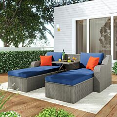 Patio Furniture Sets, 3-piece Patio Wicker Sofa With Cushions, Pillows, Ottomans And Lift Top Coffee Table - Beige