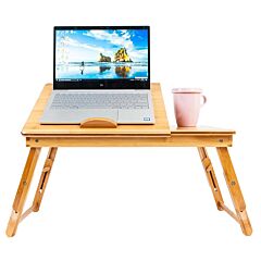 Laptop Desk Table Adjustable 100% Bamboo Foldable Breakfast Serving Bed Tray W' Tilting Top Drawer - Dark Coffee