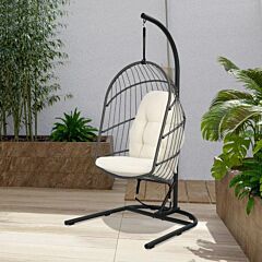 Hanging Wicker Egg Chair With Stand And Cushion - Beige