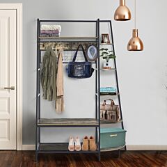 Entryway Coat Rack With Bookshelves, Multiple Hooks, And Bench Seat - Brown