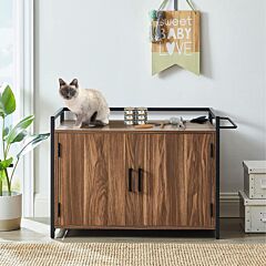 Good & Gracious Hidden Cat Litter Box Furniture With Ventilation And Bench Seat, Pet Crate With Iron And Wood Sturdy Structure - Walnut