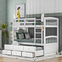 Twin Over Twin Wood Bunk Bed With Trundle And Drawers,white - White